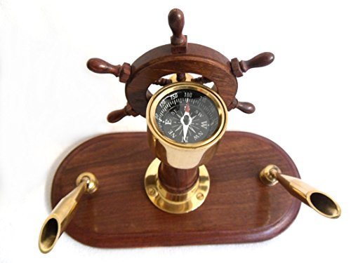 Double - Pencil Cups - Schiffsstand - Steering Wheel with Compass from Wood and Brass