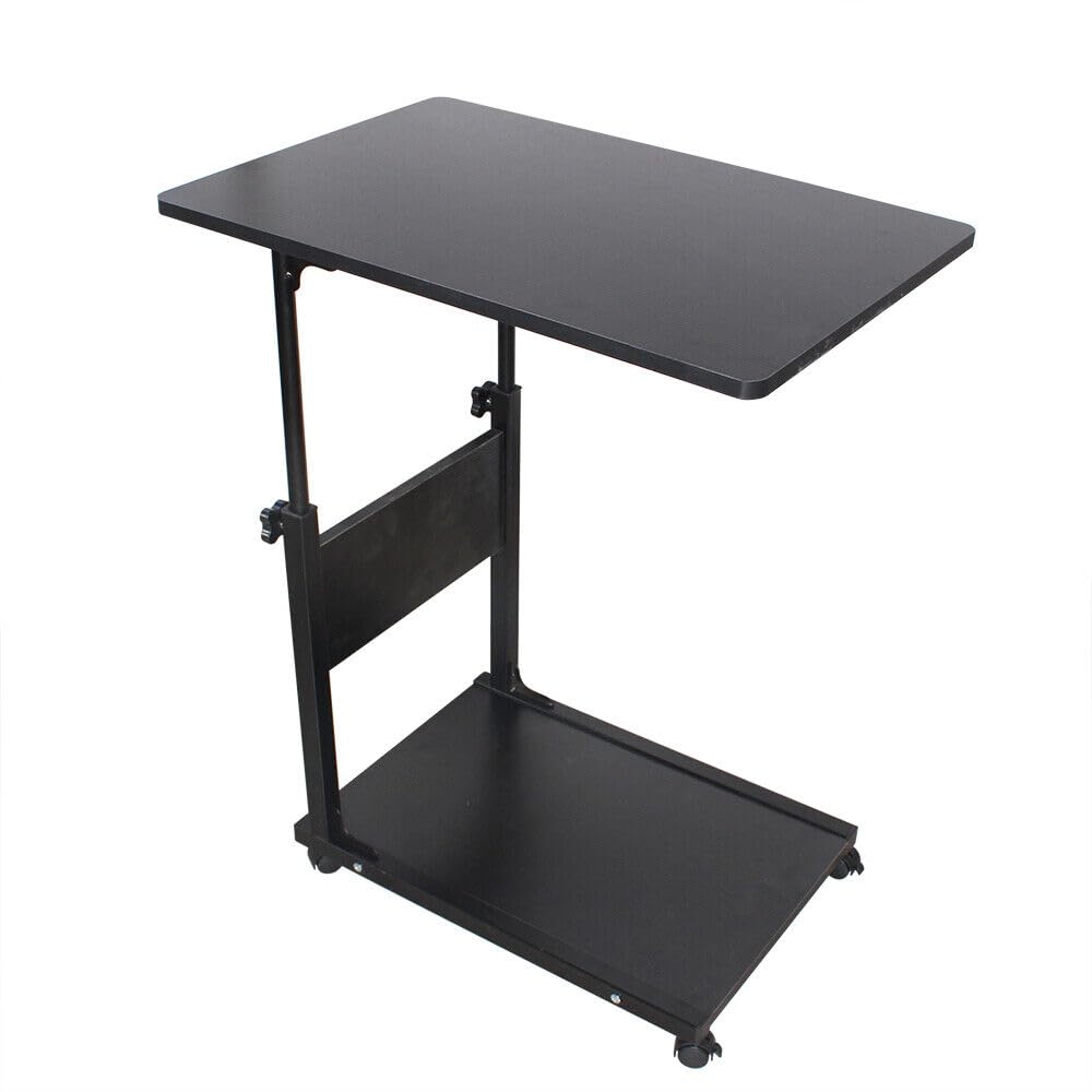 Tavolino da divano, da letto, in metallo e legno con ruote, 50 x 35 x 80 cm regolabile in altezza (55-80 cm) (nero)
