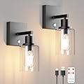 Coinmit Battery Operated Wall Sconce Set of 2, 6000mAh Wireless Glass lampshade Wall Lights with Remote Control, Indoor Dimmable Rechargeable Black Wall Sconce (Bulb Included)