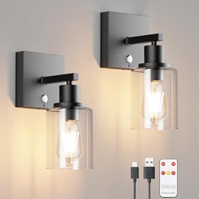 Coinmit Battery Operated Wall Sconce Set of 2, 6000mAh Wireless Glass lampshade Wall Lights with Remote Control, Indoor Dimmable Rechargeable Black Wall Sconce (Bulb Included)
