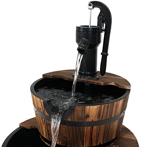 Sunnydaze 34-Inch 2-Tier Wood Barrel Outdoor Water Fountain - Electric Submersible Pump #TOP4