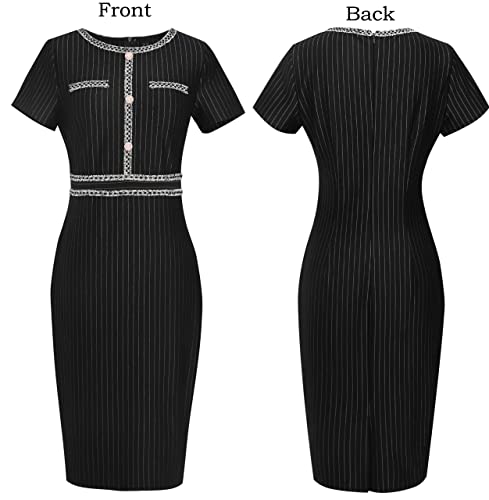 Vfshow Womens Black And White Stripes Buttons Crew Neck Slim Wear To Work Office Party Bodycon Pencil Dress 9617 Blk M #TOP4