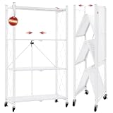 DEANIC 4 Tier Foldable Storage Shelves with Wheels, Large Capacity Shelving Unit, Freestanding Metal Wire Shelf Rack, No Assembly Organizer Rack for Garage Kitchen, Basement, Pantry(White)
