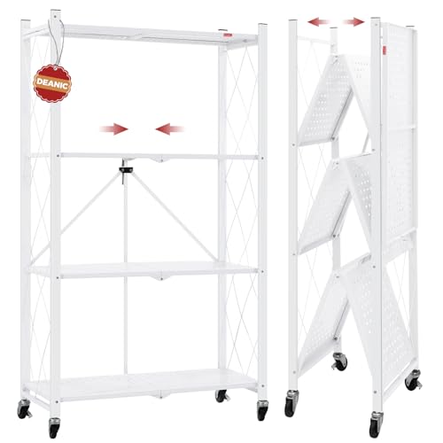 DEANIC 4 Tier Foldable Storage Shelves with Wheels, Large Capacity Shelving Unit, Freestanding Metal Wire Shelf Rack, No Assembly Organizer Rack for Garage Kitchen, Basement, Pantry(White)