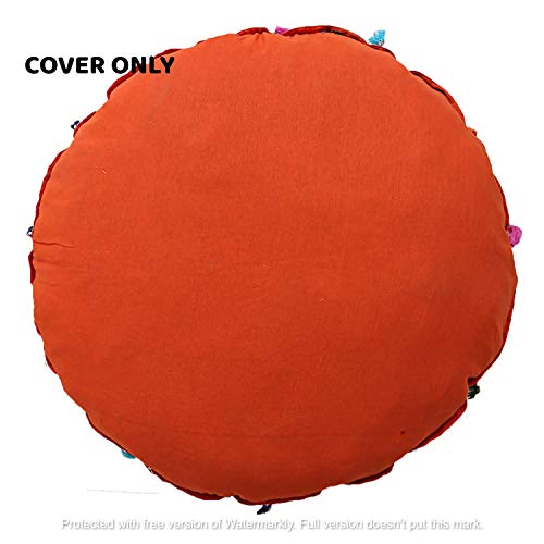 Ganesham Indian Handmade Vintage Patchwork Cotton Boho Chic Bohemian Hand Embroidered Decorative Ethnic Foot Stool Round Floor Pillows & Cushion Cover Seating Pouf Ottoman (Orange, 32 Inch) #TOP2