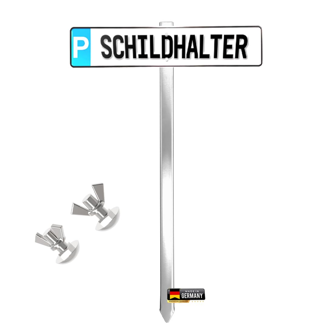 Einschlagpfosten- Erdspieß aus V2A Edelstahl für KFZ-Schilder | Einfache Montage per anschrauben | Witterungsbeständig | Flexible Befestigung | Made in Germany | Inkl. Montagezubehör