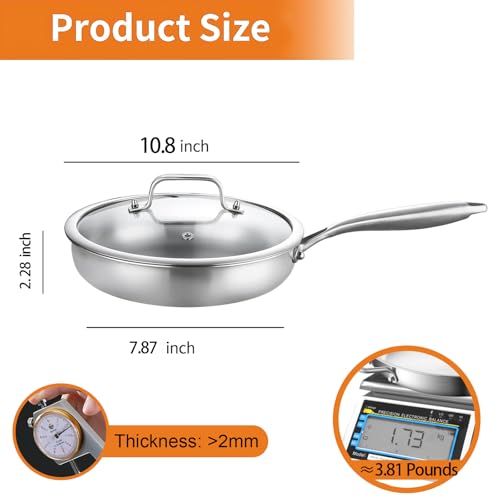DELARLO Stainless Steel Pan丨10 Inch Skillet with Lid丨Oven Safe Up to 600℉丨Triply Stainless Steel Cookware丨Stainless Steel Pan 10 in丨Induction Compatible丨Fast Even Heat丨Large Cooking Surface