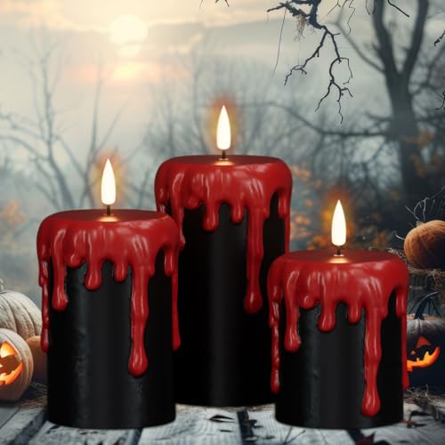Image of Wondise Halloween Flameless Candles with 6H Timer, Battery Operated Dripping Real Wax Black LED Pillar Candles 3D Wick Flickering Spooky Halloween Indoor Decoration (3 Pack, 3 x 4,5,6 Inches)