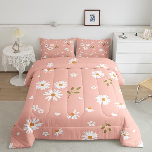 Homewish Girls Daisy Flowers Twin Size Comforter Set,Kids Petals and Leaves Decor All Season Bedding Set,Teens Pink and White Comforter,Children Daisy Decor Quilt Set Bedroom Collection 2Pcs