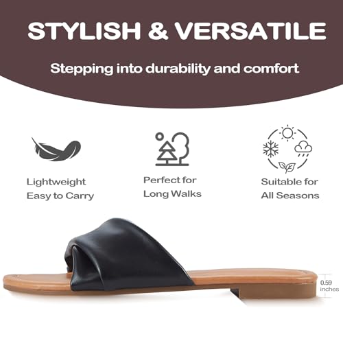 Image of Women's Flat Sandals Round Open Toe Comfortable Fashion Cute Ladies Slides Sandals Women Dressy Summer Flat Leather Casual Fashion Beach Shoes Size 6-11