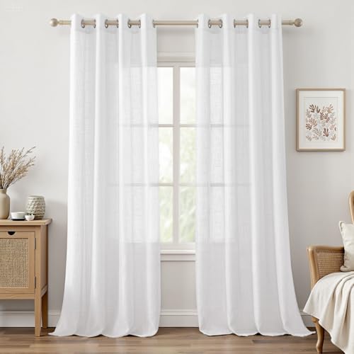 HOMEIDEAS White Linen Sheer Curtains, Linen Textured Semi Sheer Curtains