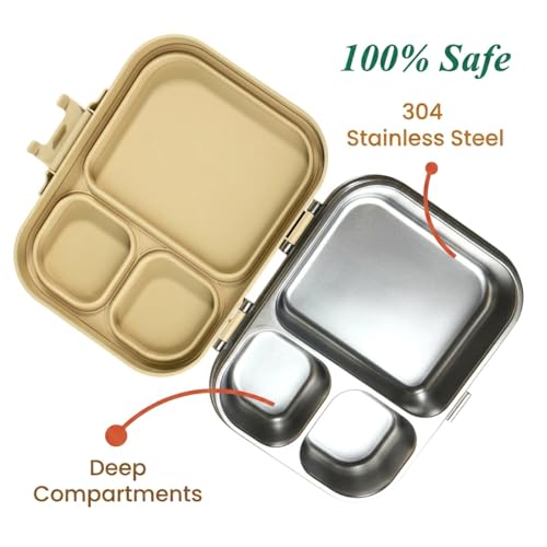 Image of THEONI Bento Joy Kids Stainless Steel Lunch Box, 3-Compartment Leak-Proof Tiffin Box, BPA-Free Food Grade 304 Steel, School Lunch Box with Kid-Friendly Locks for Boys & Girls Age 4-10 - Yellow