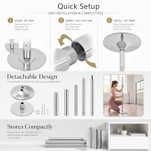 WUXIN H&P Pole Dance Pole for Home - Professional 45mm Spinning Static Dancing Pole, No Ceiling Damage, Height Adjustable, Portable Removable Fitness Pole for Exercise Club Party Pub by WUXIN H&P - Used condition - Image 3