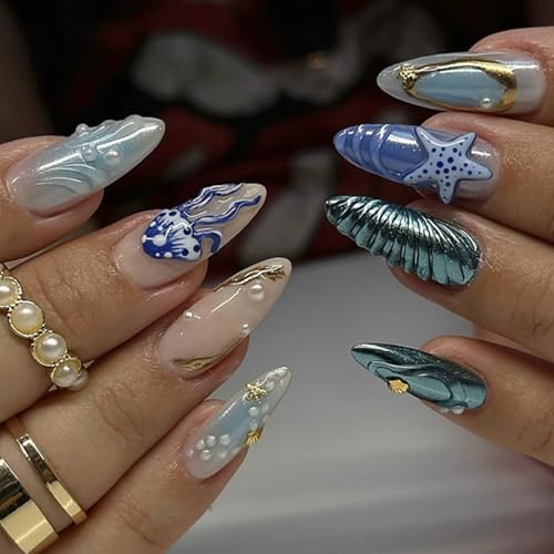 Amazon.com: 24 Pcs Summer Press on Nails Short Almond,YEFIUO French ...