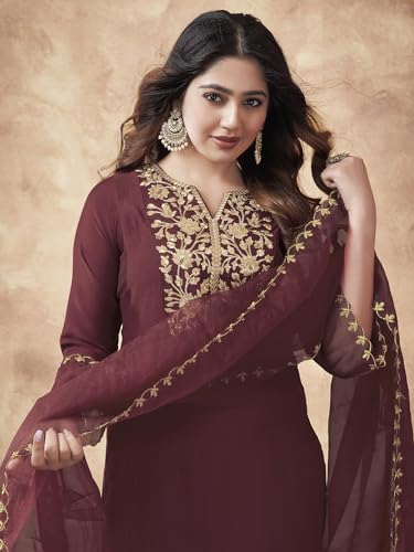 Image of Sanisa Women's Chinnon Embroidery Straight Kurta with Pant and Embroidery Dupatta (38KBD477NZ-S Maroon)