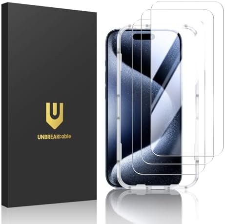 UNBREAKcable Tempered Glass for iPhone 15 Pro Max [Pack of 3], HD Transparent Screen Protector, Easy Installation Frame, Bubble-Free, Ultra Resistant 9H Hardness Glass for Apple 6.7 Inches