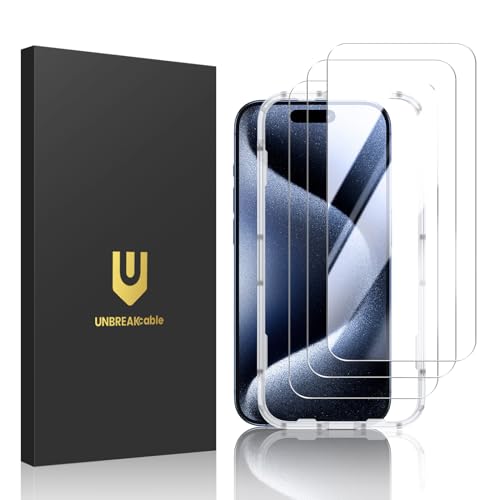 UNBREAKcable Shatterproof Tempered Glass Screen Protector for iPhone 15 Pro Max [3-Pack][Easy Installation Frame] [9H Hardness] [99.99% HD Clear] [Bubble Free] for Apple 6.7” by UNBREAKcable - Used condition - US$13.84