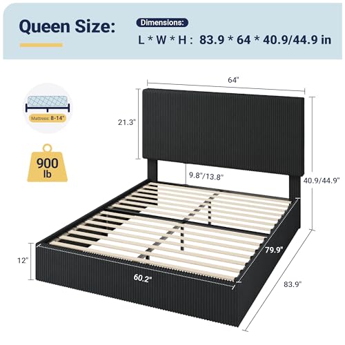 Image of Allewie Queen Bed Frame, Adjustable Corduroy Headboard, Platform, Black