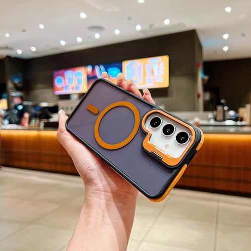 Image of LuxuryKase Smoked Clear MagSafe Case for Samsung Galaxy S25 Plus | Metal Camera Guard Kickstand | Rugged Grip Edge | Hard PC Back + Soft TPU | Wireless Charging Support - Orange