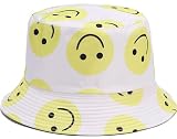 IHAUIUE Smiling Face Print Bucket Hat Cute Happy Fishing Cap Reversible Packable Beach Sun Hats for Women, Men, White
