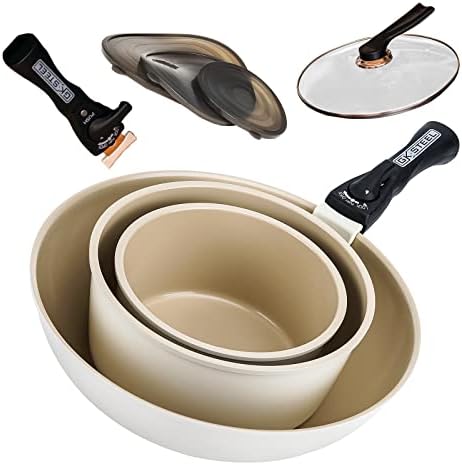 Gk Steel Detachable Handle Pots and Pans - 3 Piece White Ceramic Cookware Set with Removable Handle and Nonstick Titanium Diamond Coating - Works For RV, Camping