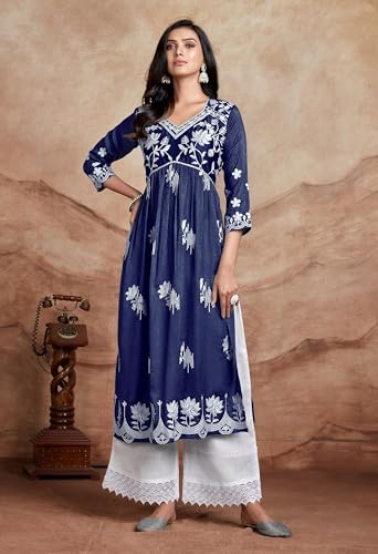 Image of EthnicJunction Women's Silk Blend Regular Fit Chikankari Embroidered Naira Cut Kurta