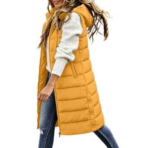 Image of Long Puffer Coats for Women Warm Longline Padded Qulited Gilet with Pockets