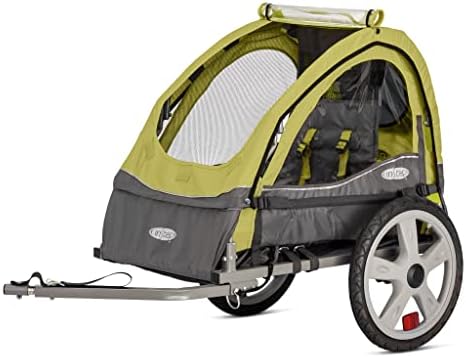 Instep Sync Single Seat Bike Child Trailer, Max Weight 40 lbs., 5-Point Harness, Folding Frame, Quick Release Wheels, Easy Storage, Bug Screen & Weather Shield, Green/Grey