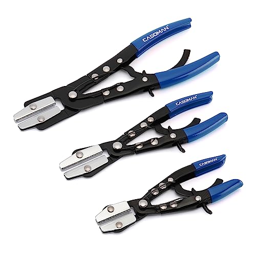 CASOMAN 3-Piece Ratcheting Hose Pinch Off Pliers Set, Blue, 8", 10", 12" Locking Hose Pinch Pliers Set, for Radiator, Coolant, Automotive, Fuel Lines