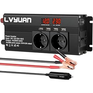 LVYUAN spanningsomvormer 12V 230V 2000W omvormer met 3 stopcontacten en 4 USB LED spanningsindicator