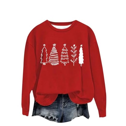 Regular Fit Long Sleeve Plain Shirt for Women Women's Christmas Sweatshirt Merry Christmas Trees Print Fashion Casual Crew Neck Long Sleeve Top Elastic Spring Clothes Outfits for Daily Life (Red, L)