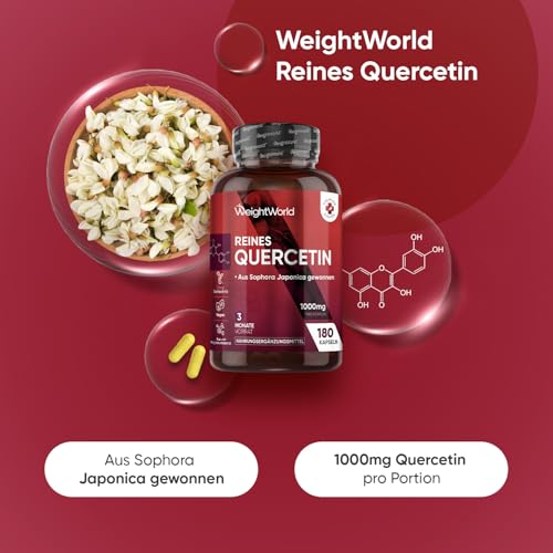 Reines Quercetin 1000mg pro Portion - 180 vegane Kapseln - 3 Monate Vorrat - Aus der Saphora Japonica - 2 Kapseln Täglich - Frei von Magnesiumstearat, Ohne Gentechnik & Gemäß GMP - WeightWorld