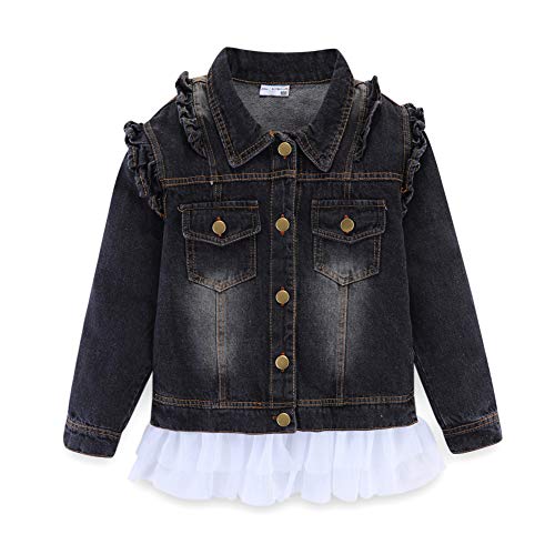 Mud Kingdom Toddler Girls Denim Jacket with Tulle Lace Ruffled Fashion Spring Autumn Black 4T