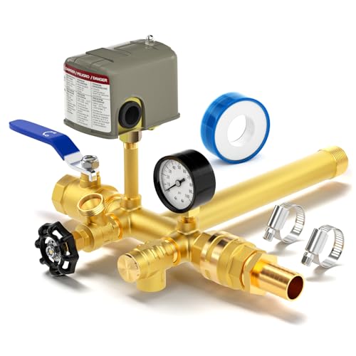 BOGERDACK Brass Well Pressure Tank Tee Kit with 40-60PSI Pressure Switch 100Psi Pressure Gauge Valve DN25Check Valve Pagoda Joint Hose Clamp for Well Pressure Tank with Diameters Up to 16