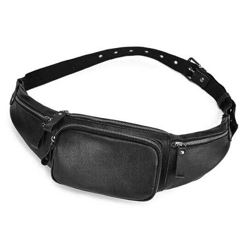 LUUFAN Leather Waist Bag for Men and Women, Outdoor Messenger Shoulder Satchel Crossbody Belt Bag with Multiple Pockets for Sport Climbing Hiking Running Travel and Daily Use (Black)