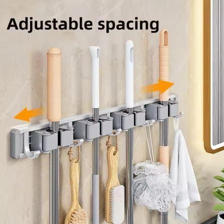 Image of STAR WORK Heavy-Duty Space Aluminum Wall Mop & Broom Holder, Waterproof Organizer with Dual Non-Slip Grips and Utility Hooks, No-Drill Adhesive Mount for Kitchen, Bathroom. (4 MOP HOLDER 5 HOOKS)