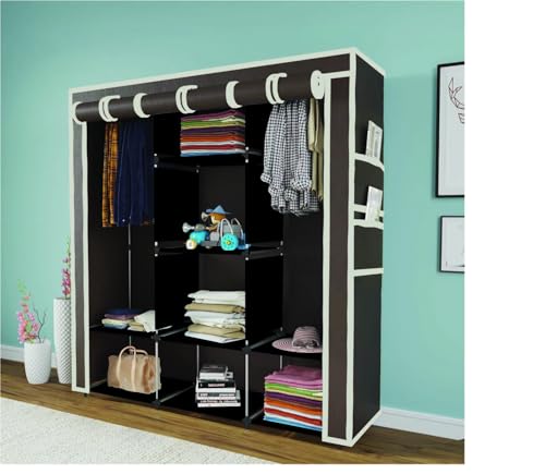 Image of Maison & Cuisine Collapsible Wardrobe Portable Foldable Closet for Clothes Almira, 2 Hanging Space, 8 Shelves, (Non-Woven Fabric 90GSM, Metal Rod 112x38x145cm)(88230, Brown)