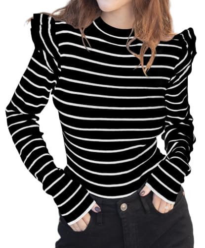Lacozy Women Ruffle Long Sleeve Crew Neck Sweaters 2025 Fall Trendy Knit Slim Fit Striped Pullover Casual Tops2
