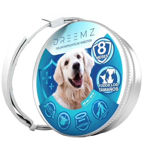 DREEMZ® Collar Repelente de Insectos - Antipulgas Perros, garrapatas y Mosquitos, 8 Meses protección-63cm -100% Vegetal-Impermeable - Formatos (1 Und Blanco)