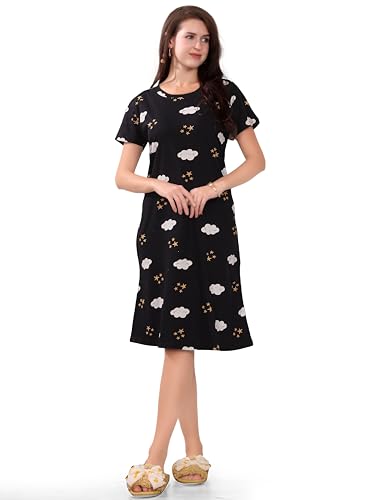 Image of Printed Knee Length Pocket Night Dresses for Women | Cat Lovers | Premium Soft Cotton Nighty | Sky Blue