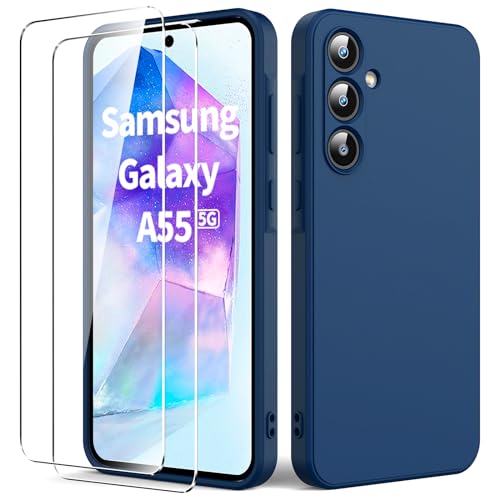 Byvuwiay Funda Compatible con Samsung Galaxy A55 5G, con 2 Piezas Cristal Templado, Carcasa de Líquida TPU Anti-Choque, Carcasa Samsung Galaxy A55 5G, Blau
