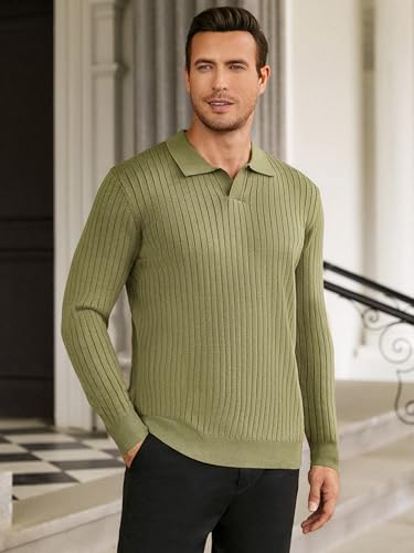 Hardaddy Men's Ribbed Knit Sweater Casual Long Sleeve Polo Sweater Collared V Neck Polo Shirts Solid Pullover Tops Army Green 3XL — view 2
