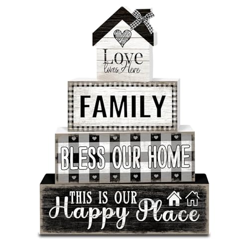 Image of 4 Pack Farmhouse Wooden Tiered Block Sign Set, Black White Buffalo Plaid Home Decor, Family Love Quote Wood Ornaments for Living Room Tiered Tray Housewarming Gift