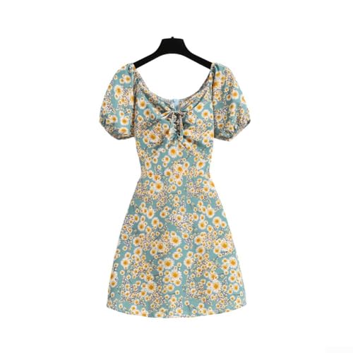 Vestido floral retro francés de moda con cuello en V y estilo suelto casual (M margarita azul)
