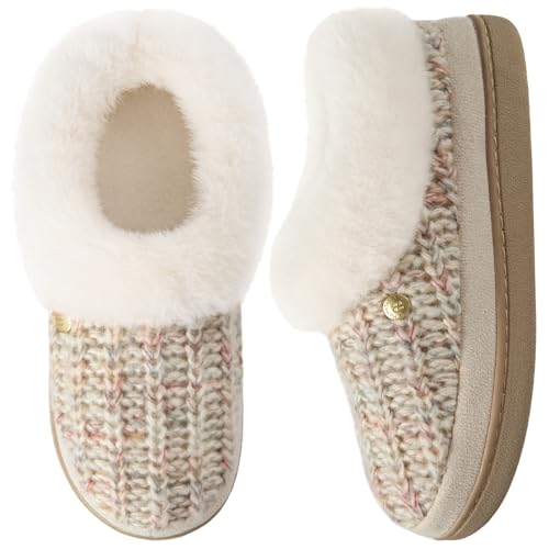 HomeTop Women's Knit Clog Slippers Comfy Warm Memory Foam Non-slip Indoor House Shoes with Fuzzy Collar Oatmeal, 6 UK