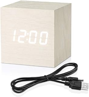 Topacom Wooden Digital Alarm Clock Cube Little Clock, LED Table Clock USB Powered