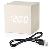 Topacom Wooden Digital Alarm Clock Cube Little Clock, LED Table Clock USB Powered for Heavy Sleepers, Kids, Bedrooms with Adjustable Brightness Voice Control, White