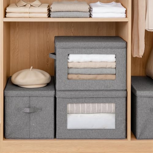 Anywish 3-Pack Storage Bins with Lids & Clear Window, Foldable Fabric Closet Organizer Boxes, Stackable Cube Baskets with Soft Handles for Clothes & Blankets, 15", Grey - Image 6
