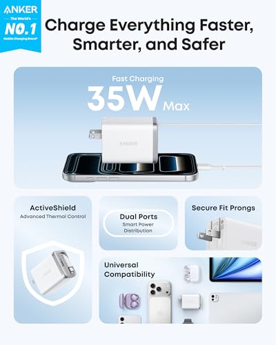 Image of Anker Nano Retractable USB C Charger Block, Compact 35W Phone Charger | 2-Port Charger with Durable Built-in Anker InstaCord Retractable Cable, for iPhone 17 /16 /15, iPad(White,Non-Battery)