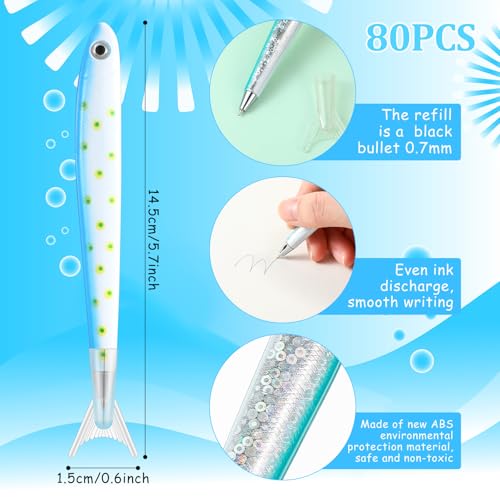 Meanplan 80 Pack Fish Pen Favors Gifts Cute Fishing Party Decorations Creative Glitter Ballpoint Pens for Adults Office Birthday Themed Party Decor by Meanplan - Image 2